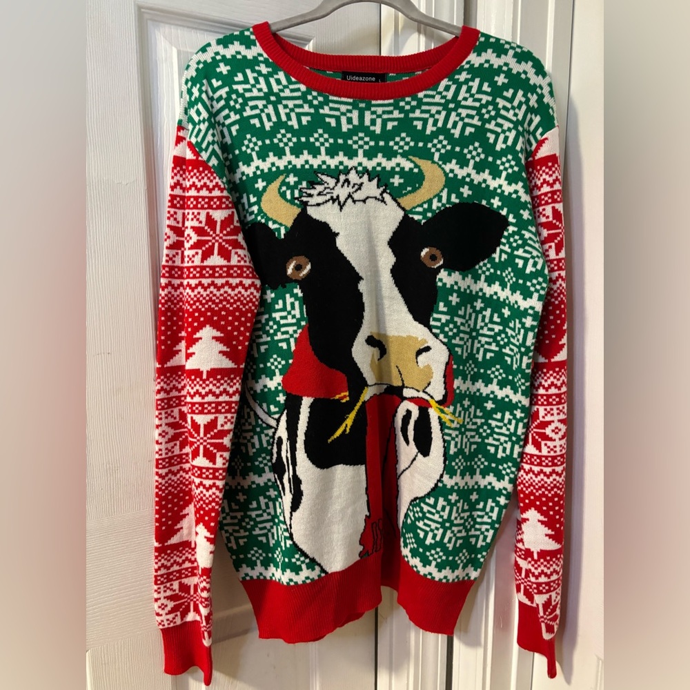 Festive Cow Print Christmas Sweater - Red and Green Size Large